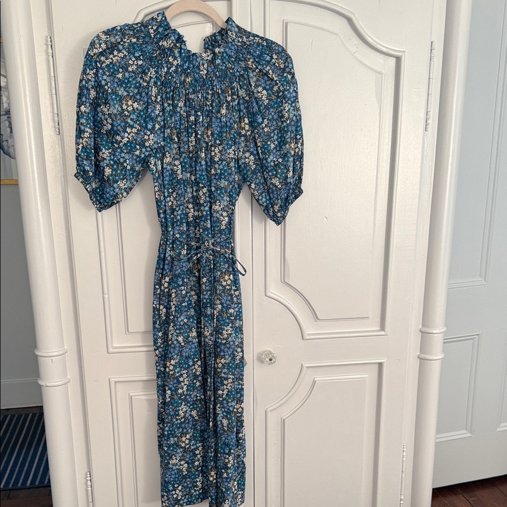 Jcrew Liberty Floral Blue Midi Dress with Puff Sleeves